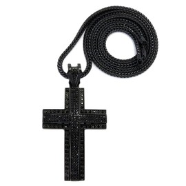NYFASHION101 Paved Elevated Cross Pendant with 4mm 36" Franco Chain Necklace, Jet Black