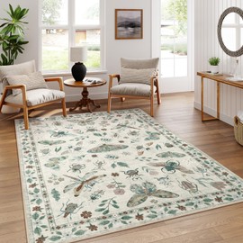 Lahome Insect Print Washable Rugs for Living Room, Soft 6x9 Area Rugs for Bedroom, Ultra-Thin Non Slip Modern Area Rug Low Pile Stain Resistant Throw Carpet for Dining Room Office(6'x9',Beige)