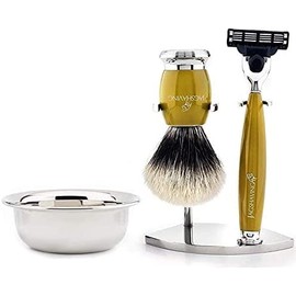 Silvertip Badger Hair Shaving Brush 3 Edge Razor with Stainless Steel Holder and Gold Bowl by Jag Shaving