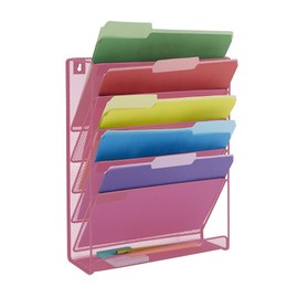 Mind Reader MAGSTACK-PNK Mesh 4 Pocket Vertical Desk Organizer, Wall Mounted Newspaper & Magazine Rack for Bathroom, Office, Entryway, 12.75 (L) x 4.25 (W) x 16 (H) inches, Pink 6 Comp