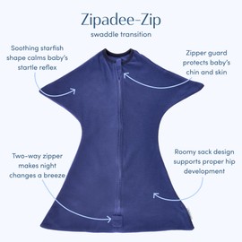 SleepingBaby Zipadee-Zip Transition Swaddle - Fleece Baby Swaddling Blanket with Zipper - Navy, X-Small (3-6 Month)