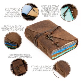 Vintage Leather Journal for Women & Men, 240 Pages Multicolor Deckle Edge Paper with Pen Loop & Key, Leather Scrapbook, Book of Shadows, Vintage Journal, Old Books, Grimoire, Antique Journal