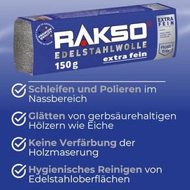 RAKSO Stainless Steel Wool Extra Fine – 300 g, 2 x 150 g Banderoles, Smooths Tannic Acid Wood without Blue Discolouration of the Grain