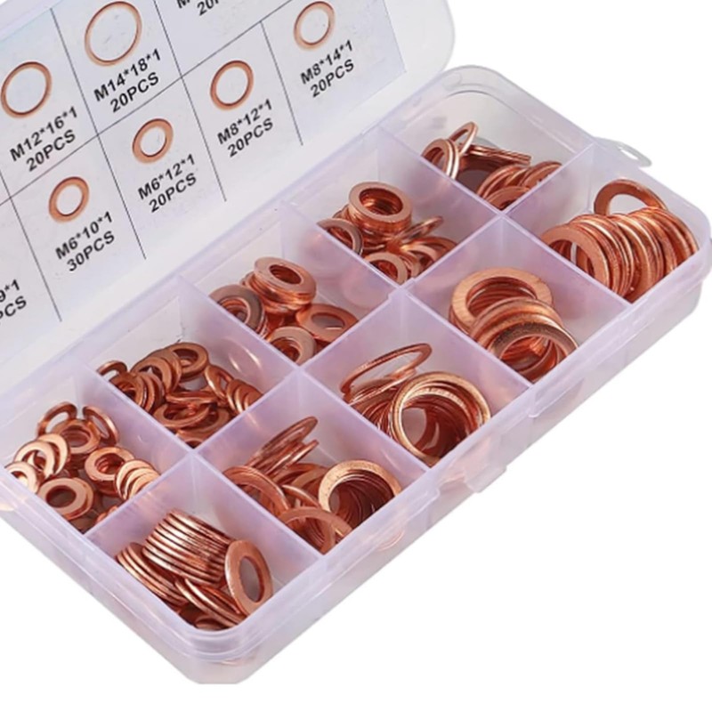 AEDIKO 200pcs Copper Washer Assortment Set Copper Metric Sealing Washers