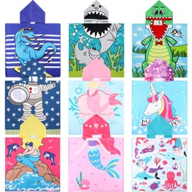 Mixweer 9 Pcs Kids Hooded Towel Mermaid Dinosaur Towel with Hood Baby Bath Towel Wrap Hooded Towels Poncho Pool Bathrobe Summer Gifts for Toddler Boys Girls (Cute)
