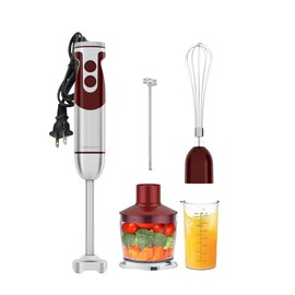 MegaWise 3-in-1 Hand Blender Set with Variable Speed Control, 400W Immersion Blender - Includes Whisk, Milk Frother, Chopper, and Beaker for Smoothies, Soups, and Baby Food (RED)