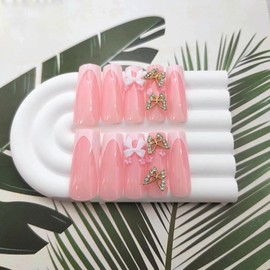 Long Press on Nails Square Fake Nails White French Nails Press ons Glossy Glue on Nails with 3D Bow Butterfly Flower Designs Extra Long Nails Pink Full Cover Artificial Stick on Nails for Women 24 Pcs
