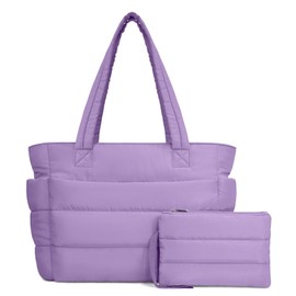 TOPDesign Puffer Tote Bag for Women, Lightweight Puffy Handbag with Compartments & Cosmetic Bag, Quilted Shoulder Bags for Work, Travel, Gym, Gifting (M Light Purple)