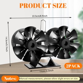 Rossesay 2 Packs Dual Motor Wood Burning Stove Fan 12 Blade Wood Stove Fan Heat Operated Fireplace Heat Activated Fan for Wood Burning Stove Pellet Log Burner Circulating Warm Air, Black