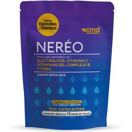 CMD - NERÉO - Electrolitos en Polvo con Vitamina C, Vitaminas del Complejo B y Fibra - Suplemento Alimenticio - 1 Bolsa con 10 Sobres de 14 g c/u Sabor Mora Azul
