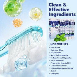 7.5% Nano Hydroxyapatite Toothpaste,6 Pack Fresh Breath Whitening Toothpaste for Remineralizing Enamel & Sensitive Relief,Antiplaque,Natural Peppermint,Fluoride-Free