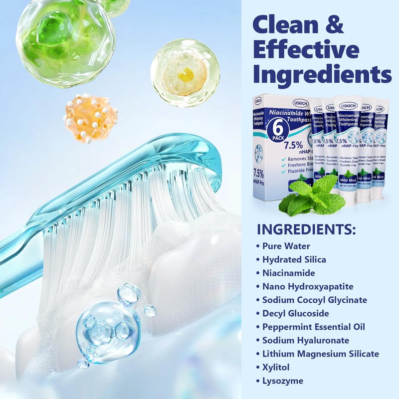 7.5% Nano Hydroxyapatite Toothpaste,6 Pack Fresh Breath Whitening Toothpaste for