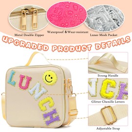 LOKFAR Insulated Lunch Bag Women Lunch Box Kids for Teen Girls Boys, Cute Preppy Lunch Boxes With Adjustable Shoulder Strap, Waterproof Nylon Lunchbox Lunch Bags for School Work Picnic (Beige)