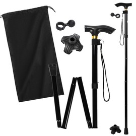 PALTIA 杖 折りたたみ 自立 軽量 杖先ゴム フック 付 高齢者 介護 高さ 調節 ステッキ 女性 男性 用 持ち運び 歩行 補助 | 立てかけ不要、場所を選ばず自立 (ブラック)