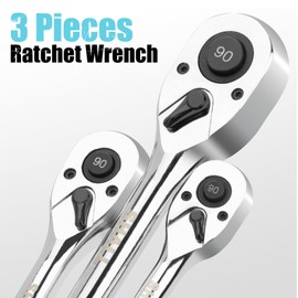 SHALL 90-Tooth 3-Pieces Drive Ratchet Wrench, Quick-Release & Reversible, Full Polished Ratchet Wrench Made of Chrome Alloy, Gifts for Men Women Dad Mom(1/4'' 3/8'' 1/2'')