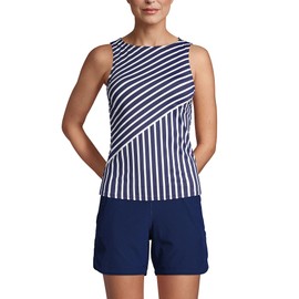Lands' End Womens Chlorine Resistant High Neck Tankini Top Deep Sea Mixed Diagonal Stripe Long Torso 12