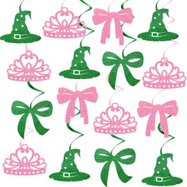 iPartyGo Witch Birthday Party Decorations - 24 Pcs Pink and Green Bow Crown Hat Hanging Swirls Set Musical Movie Theme Supplies Favors for Kids Girls Women Wall Ceiling Swirl Streamers Decor