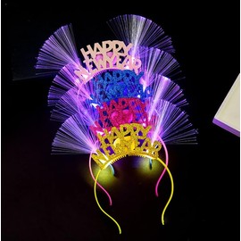 Losuya 4pcs Happy New Year Headband with LED Fiber Optic 2025 New Years Eve Hair Hoop Light Up Head Bopper, Random Color