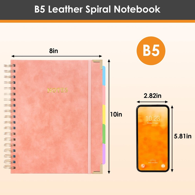 Hardcover Spiral Notebook with Dividers Tabs, 300 Pages 8"x10"(B5) Leather