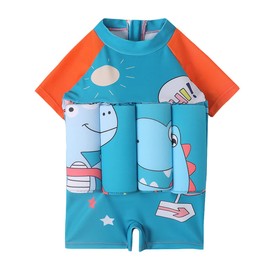 IBTOM CASTLE Toddler Swimsuit Short Sleeve One-Piece Swim Vest Baby Swimwear for Girls Boys Bathing Suit Teal Blue + Orange - Dino 18-24 Months
