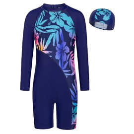 GRACE KARIN Kids Long Sleeve Swimming Suit with Swim Cap UV Protection Rash Guard for Girls Size 10