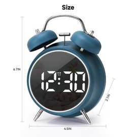 JUSTUP Digital Small Alarm Clock, 4.5 Inch Double Bell Electronic LED Alarm Clock, Plug in or Battery Operated Silent Metal Table Clock, Bedside Loud Bell Clock for Heavy Sleepers Adults Kids (Blue)