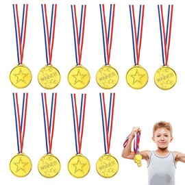 Set of 10 Medals on Ribbon Necklaces,Gold Prize Plastic Medal for Kids,Olympic Style Metal Winner Awards for Sports, Talent Show, and Spelling Bee, Gymnastic Birthday Party Favors