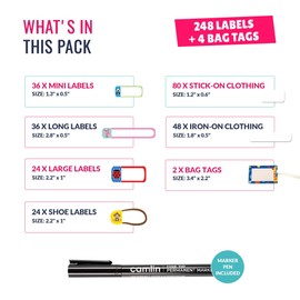 Camp Essentials Label Pack - 252 Waterproof Name Labels for Kids, Name Stickers, Bag Tags & Clothing Labels for Kids Camp, Iron on Tags for Clothing & No Iron Washable Fabric Sticker for Clothes