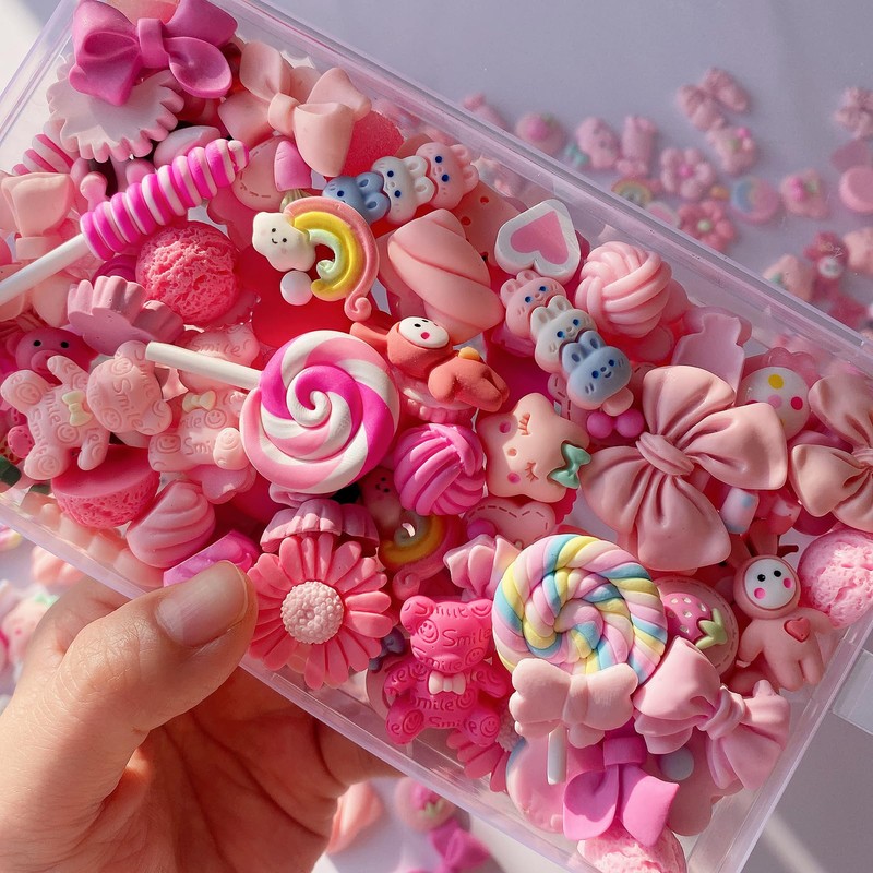 FULUSODO 60pcs Slime Charms Cute Set,Pink Bulk Mixed Resin Charms