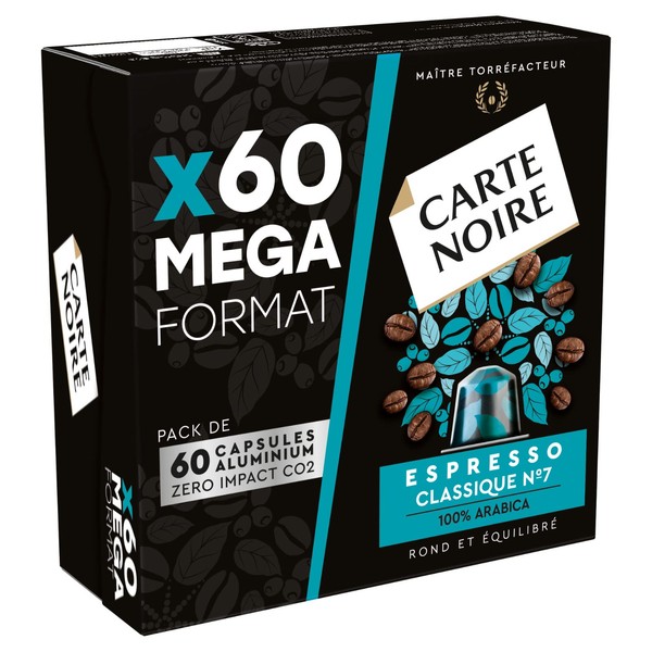 Carte Noire, Espresso Classique, Nespresso Compatible Aluminium Capsules, 1 Pack of 60 Coffee Pods, 100% Arabica, Citrus Fruit and Chocolate Notes, Intensity 7/10, Round-Bodied and Well-Balanced