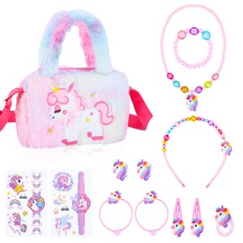 Zuimei Unicorn Jewellery Set for Girls, Unicorn Crossbody Bag with Jewelry Sets Unicorn Handbag Bracelets Necklaces Kids Dress Up Jewelry Unicorn Gifts for Girls 2 3 4 5 6 7 8 Year Old