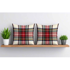 Plaid Cushion Covers 40x40cm, Scottish Tartan Red and White Wool Plaid Pattern Symmetric Square Print Double Sided Decorative Pillow Case Throw Pillows Cover