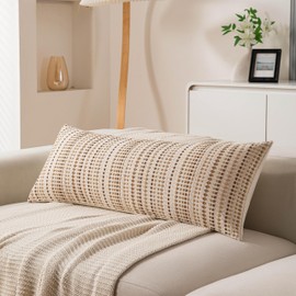 KOOLIFE Boho Long Lumbar Body Decorative Throw Pillow Covers 14x36 Inch Pack of 1 Beige Woven Striped Pillow Cover Cotton Accent Pillowcase Farmhouse Cushion Covers for Home Decor Bed Couch Sofa Bench