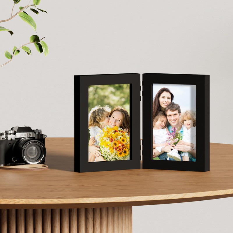 decorUhome Double 4x6 Picture Frame Vertical, Engineered Wood Bifold Photo