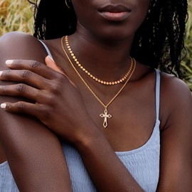 Dremmy Studios Womens Cross Necklace 14K Gold Plated Sparking Cubic Zirconia Cross Pendant Necklaces | Delicate Cross Charm Faith Jewelry Religious