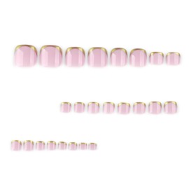 Square False Toenails Short - 24Pcs French Tip Press On ToeNails with Gold Liner - Natural Nude Pink Glue-on Nails - Glossy Full Cover Acrylic Fake Toenails Press on for Women Girl Decoration Nail Art