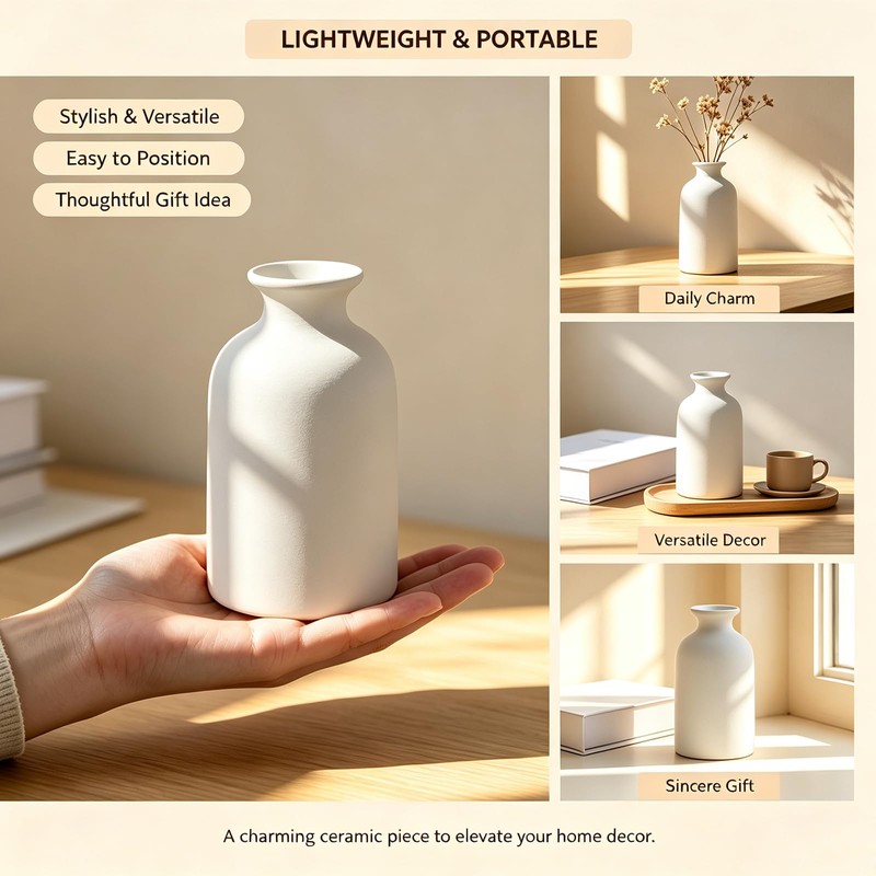 White Matte Ceramic Bud Vase, 5" Small Minimalist Vase for