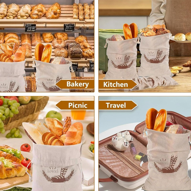 MYTOAU 3 Pcs Linen Bread Bags, Unbleached Bread Storage Bags,