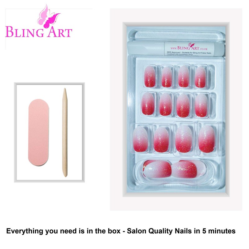False Nails Bling Art Red Gel Ombre Oval 24 False