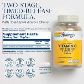 SOLARAY Vitamin C 1000mg - Time Release Vitamin C Capsules w/Rose HIPS and Acerola for Bioflavonoid Support - Two-Stage, All-Day Immune Support - Vegan, 60 Day Guarantee