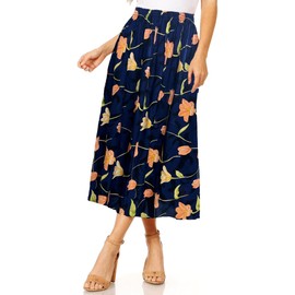 L S U Women Floral Print Skirt Soft Lightweight Elasticated Waist (UK, Alpha, S, M, Regular, Regular, Navy Blue)