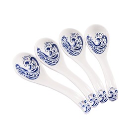 Blue Wave Ceramic Spoon Soup Spoons Asian Soup Spoon Chinese Korean Japanese Ramen Pho Miso Spoons Set of 4 with Hole 6.3 Inch