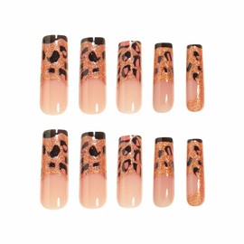MISUD Press on Nails - Long Square Glue on Nails with Fall Brown Cheetah, Acrylic Bling Gold Glitter Design 24 pcs