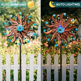 360°Solar Wind Spinners for Yard and Garden - Outdoor Metal Wind Sculptures & Spinners, Vintage Copper Blue Kinetic Art with Solar Powered LED Multi-Color Glass Ball Lights for Patio, Lawn Decor