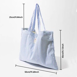 YanZhou solid color, cotton striped reusable grocery handbag, large size, suitable for home, office, travel, canvas, handbag (竖条蓝)