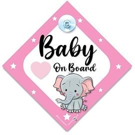 Baby On Board Sign Pink Elephant, Baby On Board Sign, Grandchild On Board Car Window Sign, High Visibility Advisory Car Sign Designed to Let Other Road Users a Child is in The Car, 14 cm x 14cm x 2cm