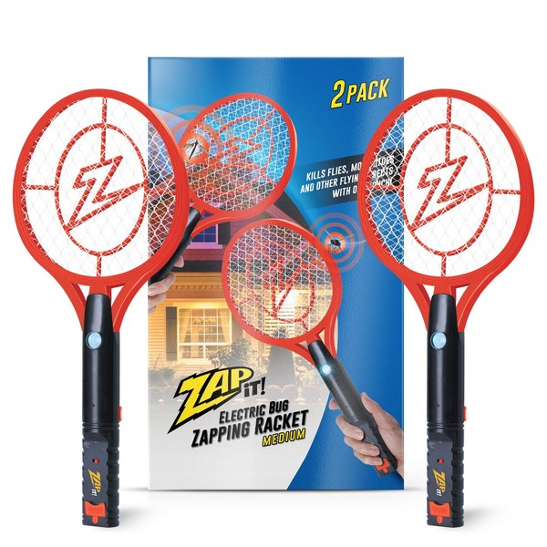 Zap It Bug Zapper Rechargeable Bug Zapper Racket, Electric Fly Swatter, Mosquito Zapper, 4,000 Volt, USB Charging Cable, 2 Pack (Medium, Red)