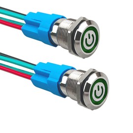 Aiqeer 2 Pcs 12 mm Self-locking Latching Push Button Switch, 12V / 24V 3A Car Ignition Starter Switch, IP66 Waterproof Stainless Steel Push Button Switch, with Pre-Wired Socket (Green LED)