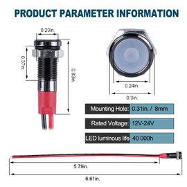 DMWD 5 luces indicadoras LED de ahorro de energía de 12 V-24 V, 20 mA, carcasa de aleación de aluminio, orificio de montaje impermeable con 15 cm. Alambre para coche, camión, barco (LED blanco)