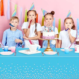 POPOYU 2Pcs Blue and Silver Dot Confetti Party Table Cloth 54 * 108 inch Large Plastic Waterproof Table Cover Rectangular Tablecloth for Birthday,Baby Shower,Wedding,Picnic,Party Decoration
